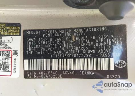 2007 Toyota Camry Le z USA, uszkodzony, nr VIN 4T1BE46K07U127288